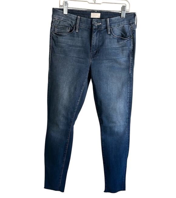 MOTHER Denim - MOTHER The Looker Ankle Fray Repeating Love Skinny Jeans Womens 26 Raw Hem Blue